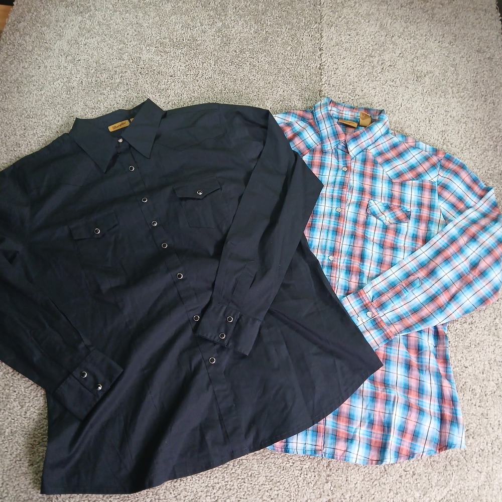 Lot of 2 Wrangler Western Snap Shirts XL Black Solid & Blue Pink Plaid LW1002X